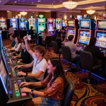 Players enjoying exciting slot machine action at TIC88 casino, celebrating a big win amidst colorful lights.