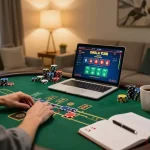 Player engaging in online blackjack at home, showcasing xx88 gaming experience with strategic elements.