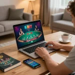 Player enjoying live dealer blackjack on LV88's platform, showcasing a modern home gaming setup.