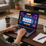 Engaged player using nhà cái vmax platform for online casino gaming on a laptop with vibrant game display.