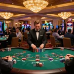 Các người chơi LUCK8 tham gia vào trò blackjack cá cược cao tại một sòng bạc cao cấp, ghi lại sự phấn khích của việc đánh bạc.
