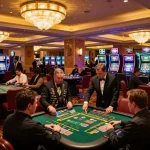 lu88 casino floor scene with players engaged at poker tables, vibrant slot machines in background, luxury atmosphere.
