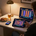 Engaging in LC88 online slots gaming with vibrant reels displayed on tablet in stylish home setting