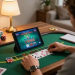 Player enjoying blackjack on me99 at home with cards and tablet, showcasing strategic gaming.