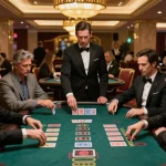 Players strategizing at the da88 blackjack table amid vibrant casino atmosphere.