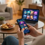 Enjoying mobile betting on vipwin777 in a cozy living room setup with snacks and warm lighting.