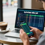 Placing a bet on ty le keo nha cai through a smartphone in a coffee shop setting.