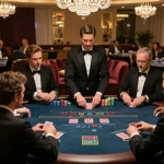 fly88 players betting at an elegant baccarat table in a luxurious casino setting