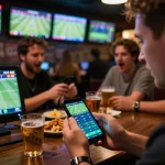 Exciting sports betting moment with nohu26 smartphone app in use, enthusiastic bettor engaged with live action