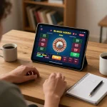 Kuwin online casino gaming setup showing a player engaged with roulette, highlighting strategy notes and cozy atmosphere.