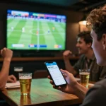 Engaged sports bettors check kqbd live odds on their smartphones while cheering for soccer games.