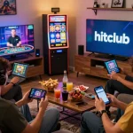 Exciting Hitclub gaming night with friends engaging in Live Casino and Slots.