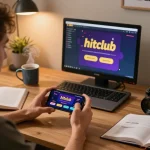 Engaged player using hitclub app on smartphone for online gambling in a cozy home office