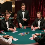 Players engaging in high-stakes poker at a luxurious casino table showcasing 88xeng's strategic gameplay.