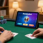 Engaged player enjoying Dominobet IDN Poker on a tablet at home, showcasing strategic betting.