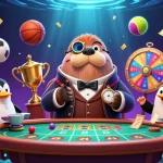 Bet on ดูบอล with a jolly walrus at an underwater sports betting table, engaging with unique elements.