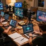 Players engaging in online gambling on cm88 with laptops, showcasing dynamic gameplay and strategic betting.