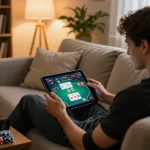 Player engaging with JUN88's online casino on tablet in a cozy living room.
