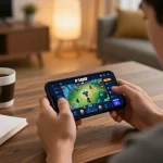Player enjoying F168 casino gameplay on smartphone in a modern home setting.