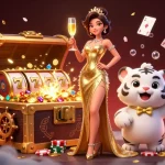 Experience the excitement at ps99 with a glamorous scene featuring a lucky tiger cub, poker chips, and slot game elements.