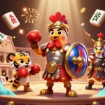 Engage with 98wincom in this vibrant gambling-themed 3D illustration showcasing a playful rooster and friends.