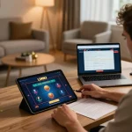 Engaged player using the llwin3 platform on a tablet in a stylish home gaming setup.