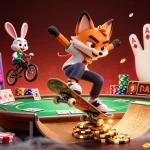 Catch the action at lv88 with a skateboard fox flipping over poker chips and a rabbit companion in a vibrant casino scene.