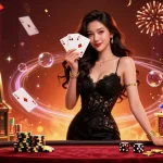 Exciting fun-88 casino scene with an elegant Asian woman holding playing cards amid vibrant slot gaming elements.