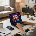 Engaged player using ALO8Net casino interface on laptop for online gambling.