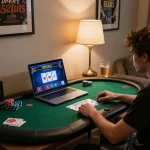 B52club player engaging in strategic poker gameplay on a laptop at home.