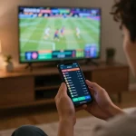 Person placing live bets on o8net3 using smartphone during an exciting sports game.