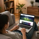 Person engaging with cm88 online casino platform on laptop in a cozy living space.