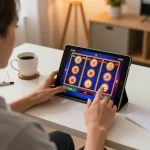 Person enjoying mobile gaming on a tablet while exploring ALO8 slots in a cozy home office setting