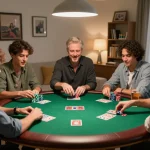 Players strategizing in an exciting home poker game scene with cm88 themed decor and chips.