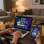 Berpartisipasi dalam gaming online di Sepuhplay dengan dekorasi bergaya dan camilan di ruang tamu yang nyaman.