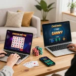 Engaging online gaming session at F168 com with poker cards and chips in a cozy setting