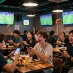 Fans engaging in live sports betting at a lively bar during a football match, capturing the vibrant atmosphere of 7M.