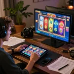 Player enjoying hm88 slots on a tablet at home, surrounded by notes and coffee cup