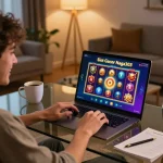 Player celebrating a win on Slot Gacor Naga303 while enjoying online gaming at home.