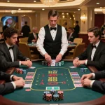 LLwin com players placing high-stakes bets at an elegant blackjack table in a luxury casino.