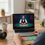 Player engaging in fly88 live dealer blackjack on a laptop, showcasing home gaming environment and responsible gambling.