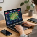 Engaging in cm88 sports betting from a stylish home office setup, showcasing focused gameplay.