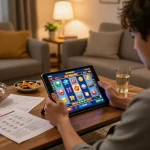 Player enjoying nổ hũ 23win on a tablet in a cozy home setting, surrounded by strategy notes and snacks.