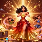 Experience the thrill of gaming at s8 with a stunning illustration of a woman holding a golden coin amidst a shower of rewards.