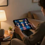 Engaging player focusing on thabet online casino tablet in stylish living room