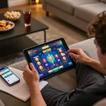 Player enjoying nk88 online casino game on tablet in cozy home setting