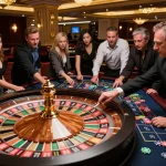 Players engage in a thrilling roulette game at f168, showcasing vibrant chips and high-energy atmosphere.