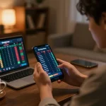 Engaged user analyzing kèo bóng đá on mobile while enjoying a cozy home setup.