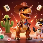 Engage with the thrilling qq88 gaming scene featuring a cowboy dinosaur and vibrant casino elements.
