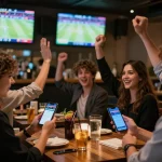 Patrons engaging in live sports betting at 8day's vibrant sports bar, capturing the thrill of the game.